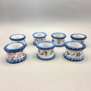 Floral Blue Ceramic Napkin Rings Enesco by Pamela Silin-Patton Set of 7